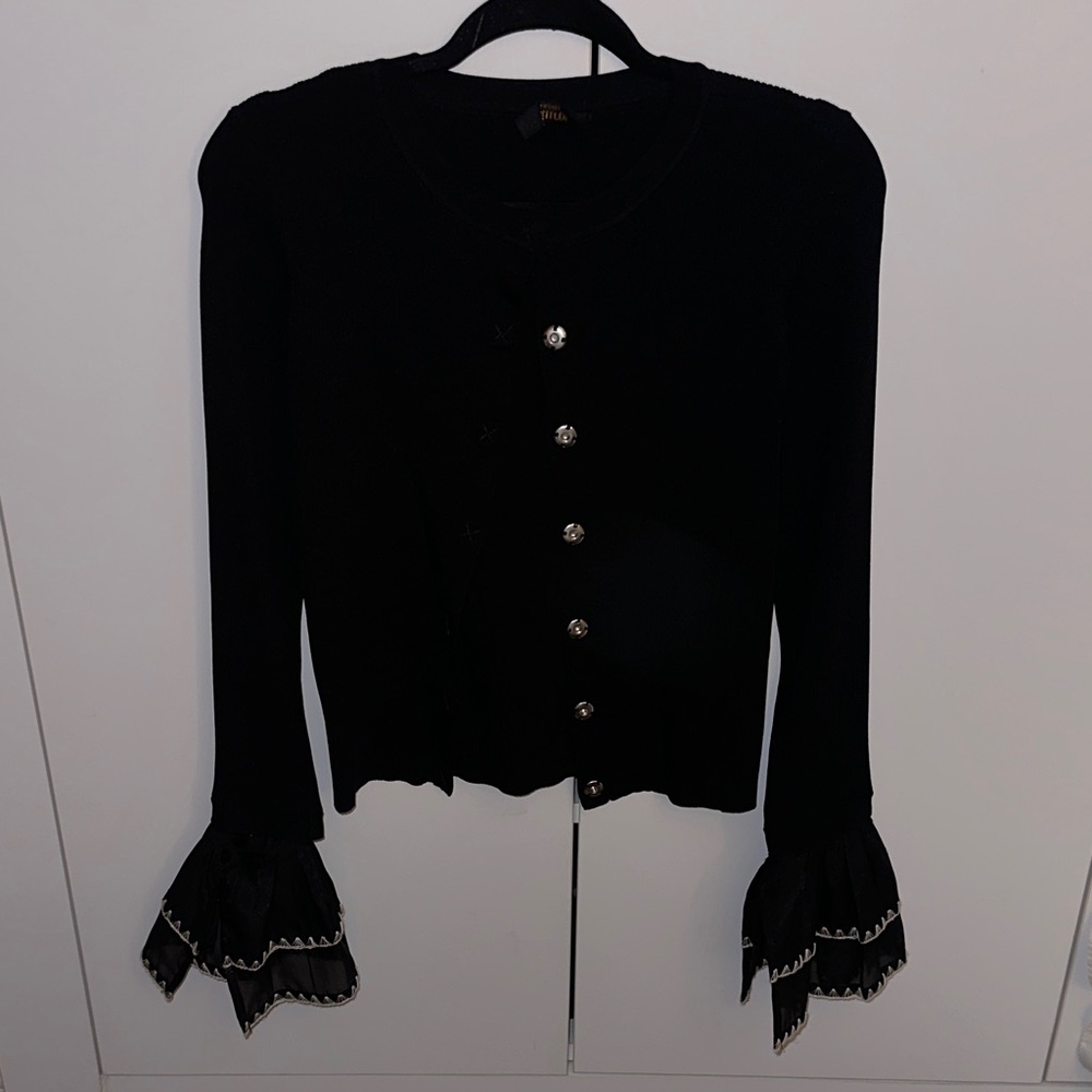 Elegant Black Cardigan with Ruffled Cuffs